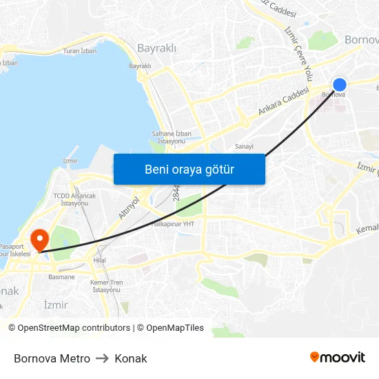 Bornova Metro to Konak map