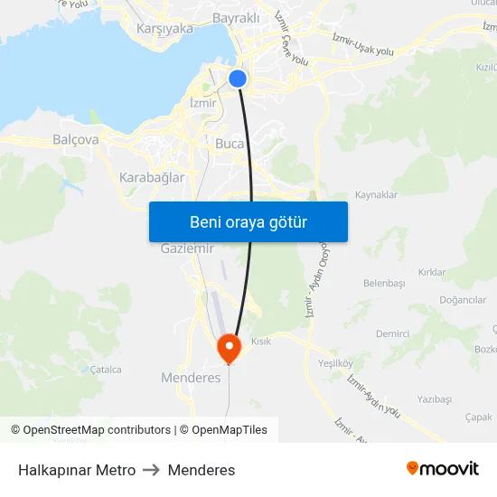 Halkapınar Metro to Menderes map