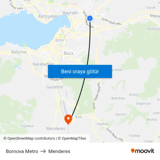 Bornova Metro to Menderes map