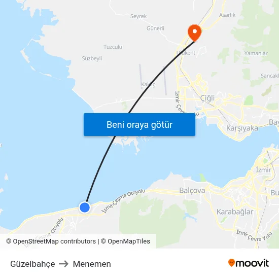 Güzelbahçe to Menemen map