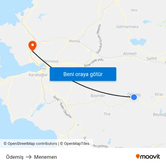 Ödemiş to Menemen map