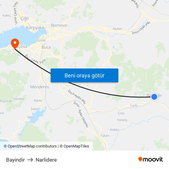 Bayindir to Narlidere map