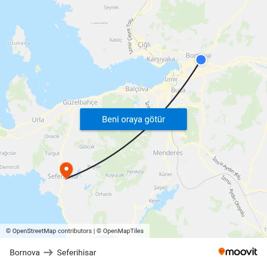 Bornova to Seferihisar map
