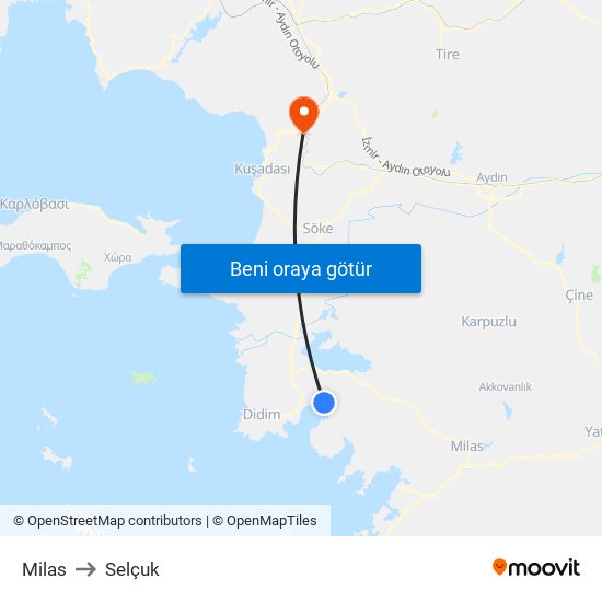 Milas to Selçuk map