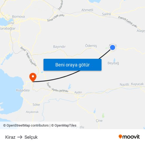 Kiraz to Selçuk map