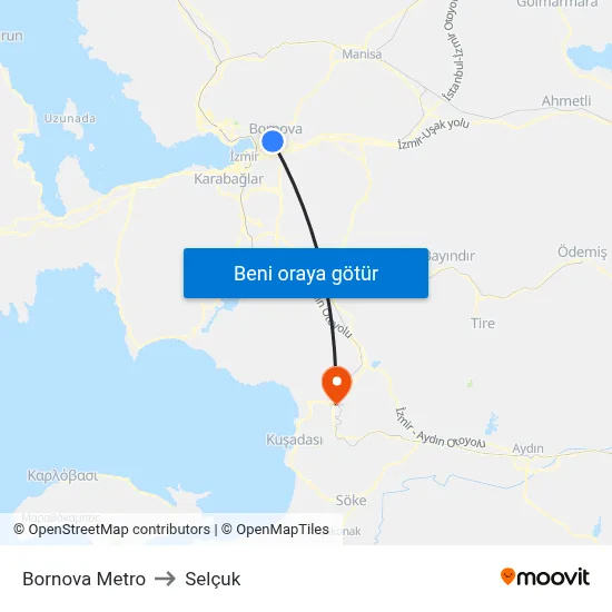 Bornova Metro to Selçuk map