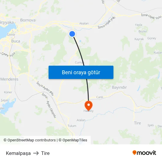 Kemalpaşa to Tire map