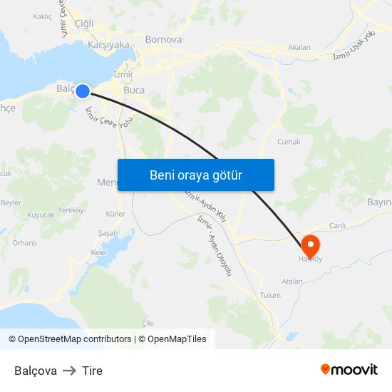 Balçova to Tire map