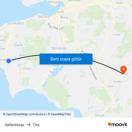Seferihisar to Tire map