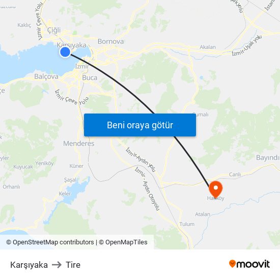 Karşıyaka to Tire map