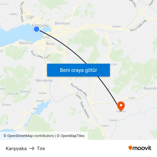 Karşıyaka to Tire map