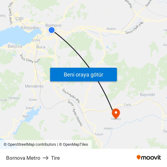 Bornova Metro to Tire map