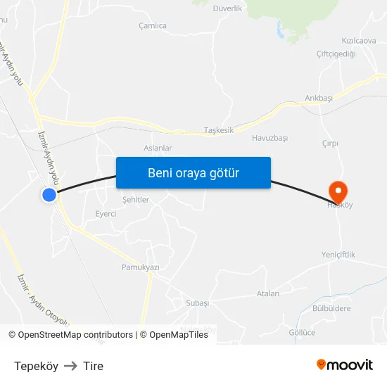 Tepeköy to Tire map