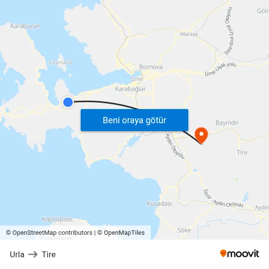 Urla to Tire map