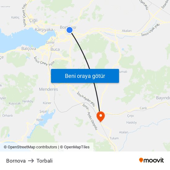 Bornova to Torbali map