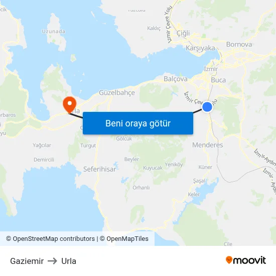 Gaziemir to Urla map