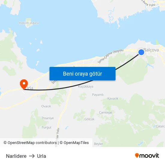 Narlidere to Urla map