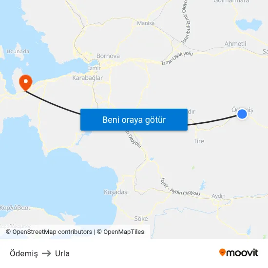 Ödemiş to Urla map