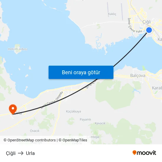 Çiğli to Urla map