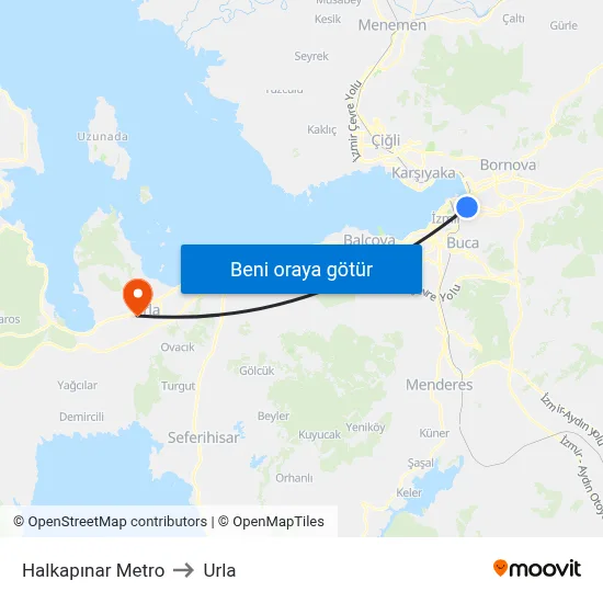 Halkapınar Metro to Urla map