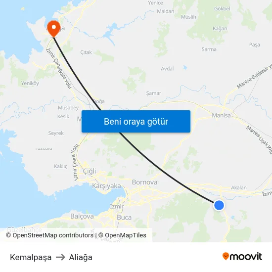 Kemalpaşa to Aliağa map