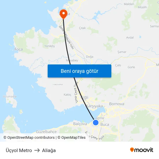 Üçyol Metro to Aliağa map