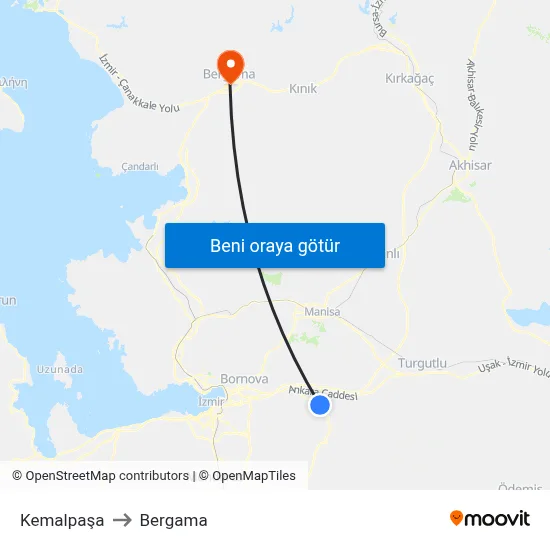 Kemalpaşa to Bergama map
