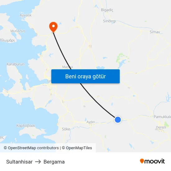Sultanhisar to Bergama map