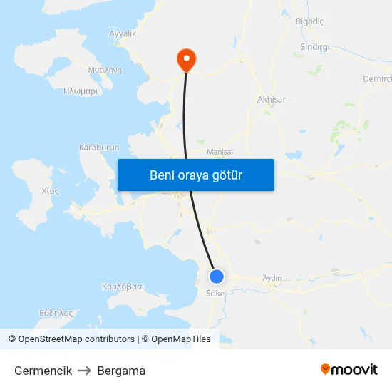 Germencik to Bergama map