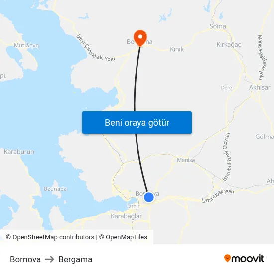Bornova to Bergama map