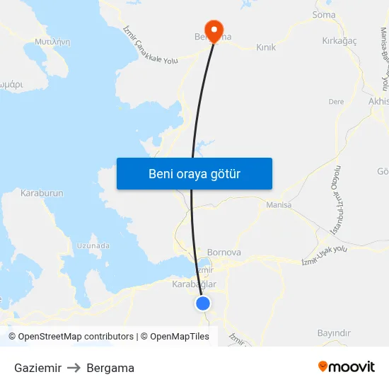 Gaziemir to Bergama map