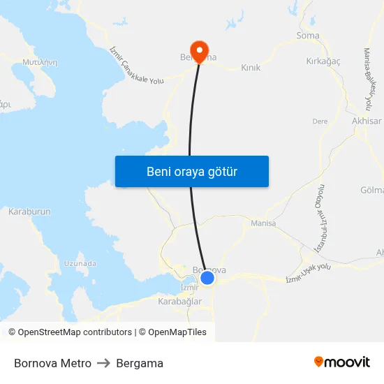 Bornova Metro to Bergama map