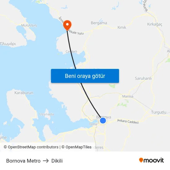 Bornova Metro to Dikili map