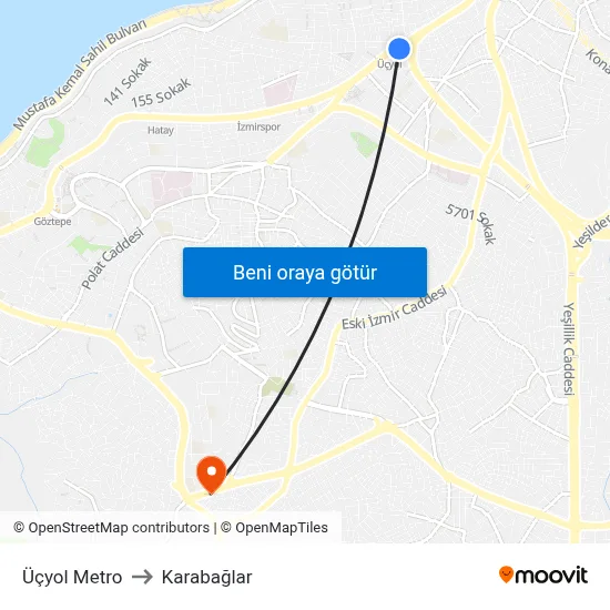 Üçyol Metro to Karabağlar map
