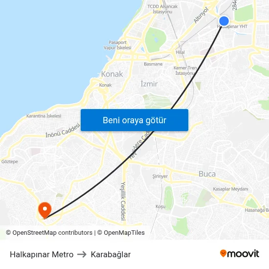 Halkapınar Metro to Karabağlar map