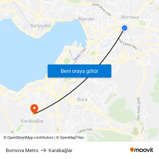 Bornova Metro to Karabağlar map