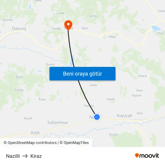 Nazilli to Kiraz map