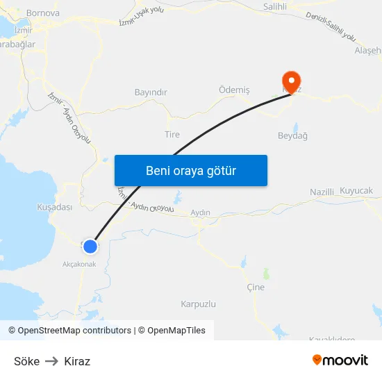 Söke to Kiraz map