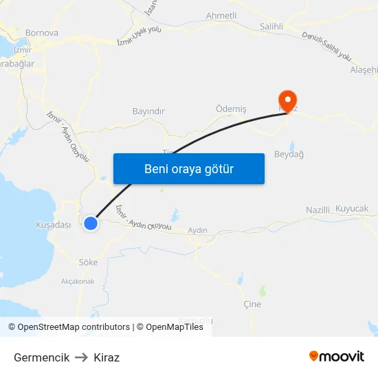Germencik to Kiraz map