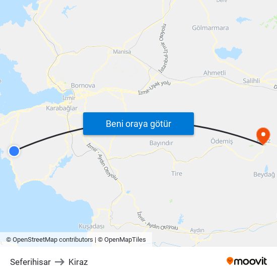 Seferihisar to Kiraz map