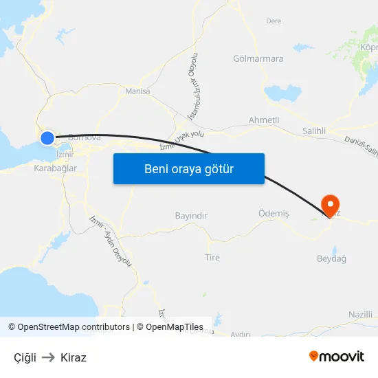 Çiğli to Kiraz map