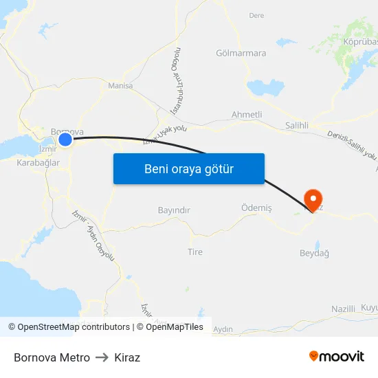 Bornova Metro to Kiraz map