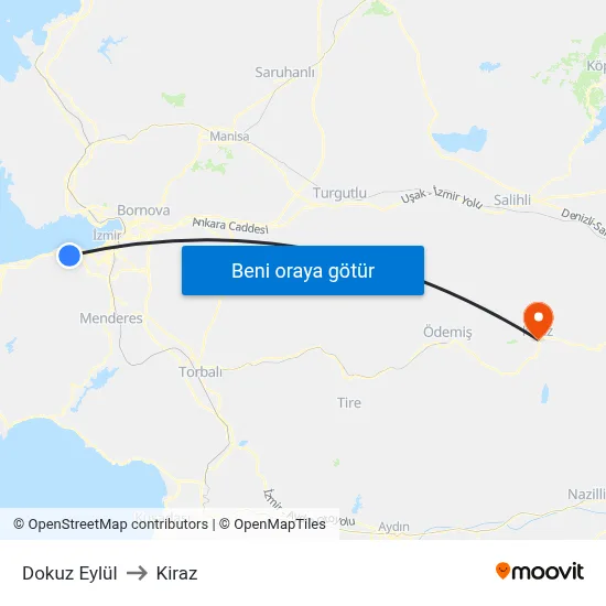 Dokuz Eylül to Kiraz map