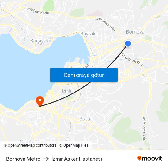 Bornova Metro to İzmir Asker Hastanesi map