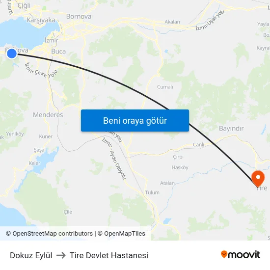 Dokuz Eylül to Tire Devlet Hastanesi map