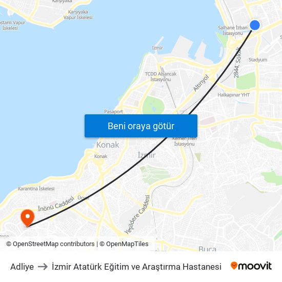 Adliye to İzmir Atatürk Eğitim ve Araştırma Hastanesi map