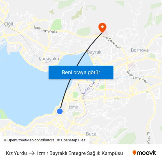 Kız Yurdu to İzmir Bayraklı Entegre Sağlık Kampüsü map