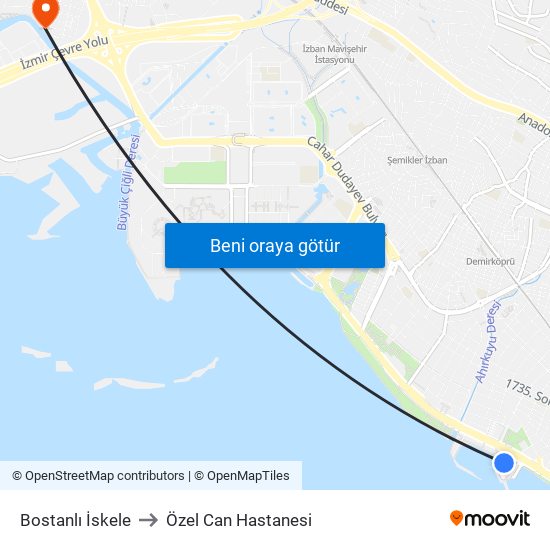 Bostanlı İskele to Özel Can Hastanesi map