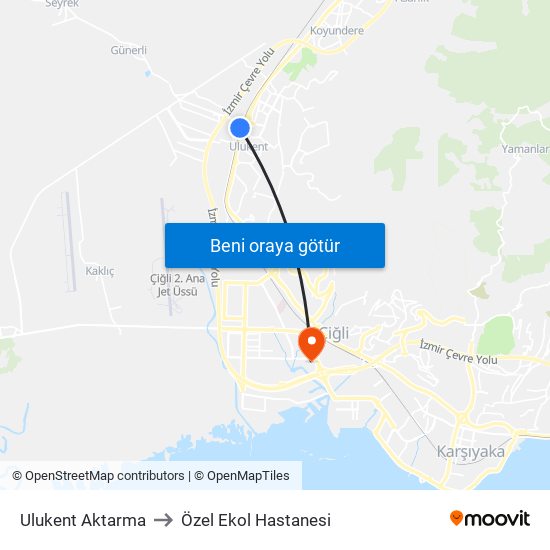 Ulukent Aktarma to Özel Ekol Hastanesi map