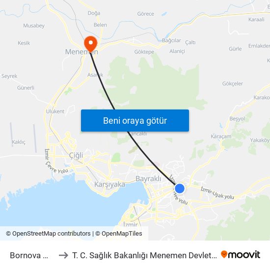 Bornova Metro to T. C. Sağlık Bakanlığı Menemen Devlet Hastanesi map